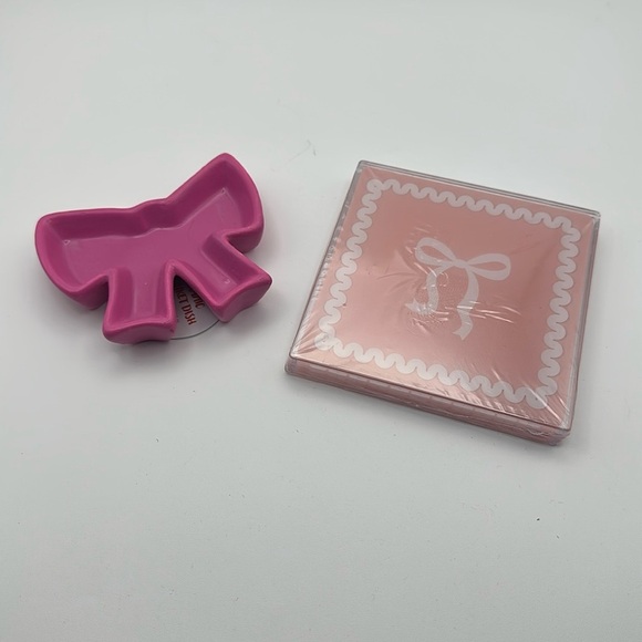 Target Other - Set of 4 plastic bow coasters and one hot pink ceramic bow trinket dish